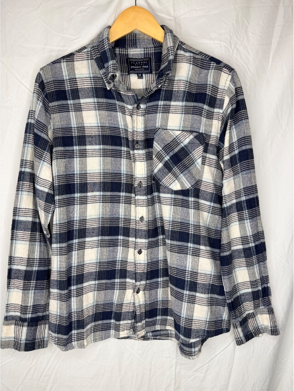 Jackson Hole Blue Gray Plaid Flannel Shirt Men’s Medium 100% Cotton Button Front